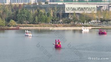 济宁公园景区划船游玩航拍实拍
